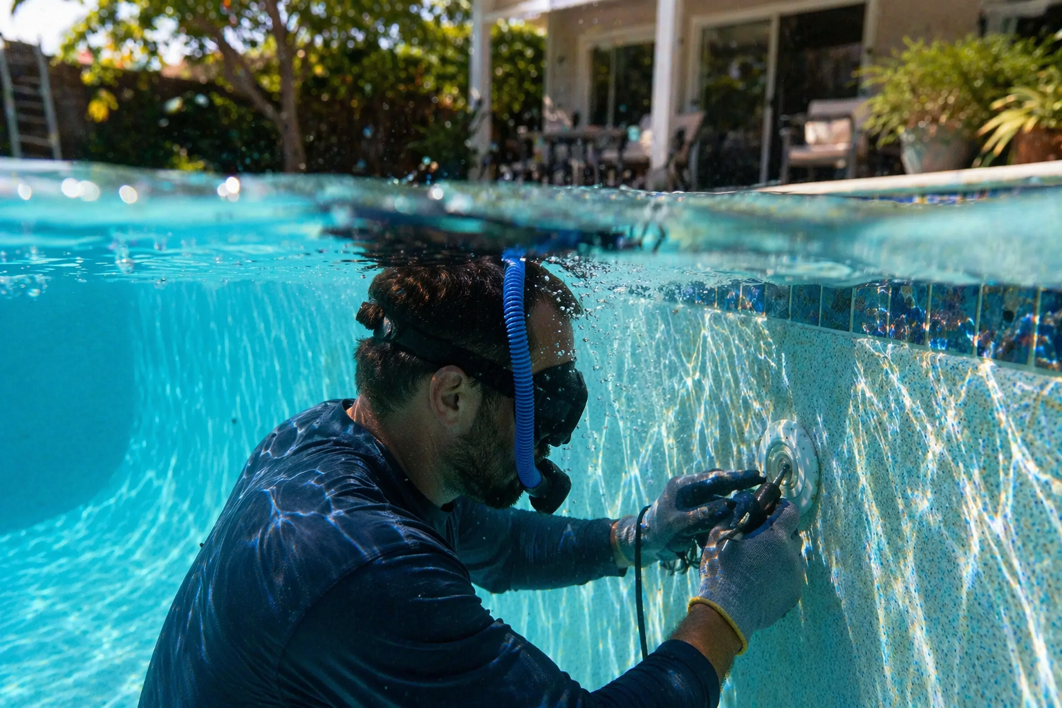 man in scuba gear searching for pool leak